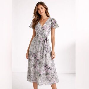DKNY Floral Midi Dress Size 6 Sheer Overlay Belted V-Neck Lavender Green